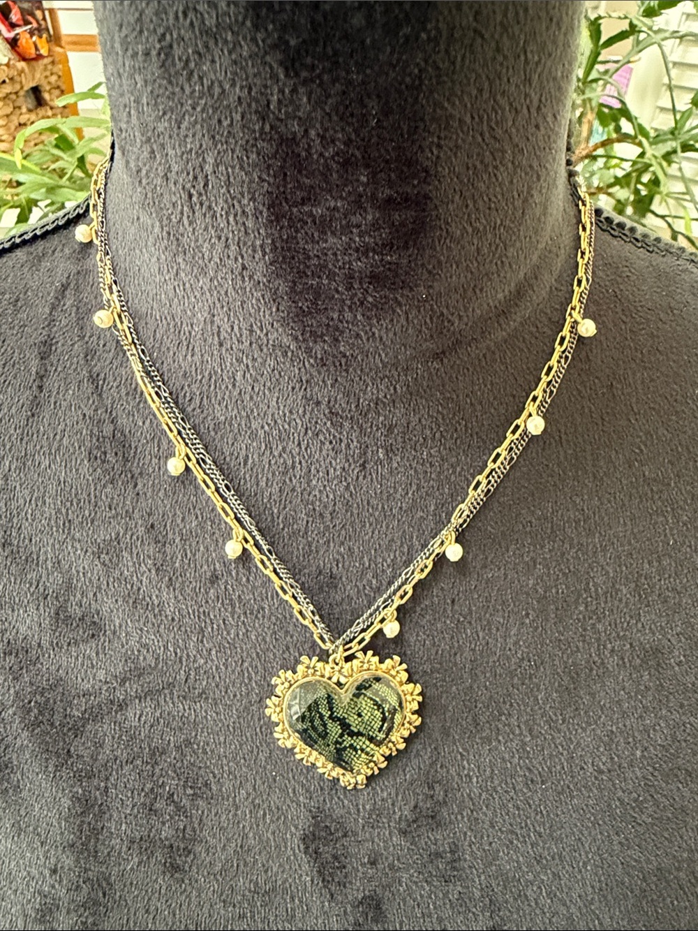 Vintage Betsey Johnson multi strand gold tone necklace with resin heart